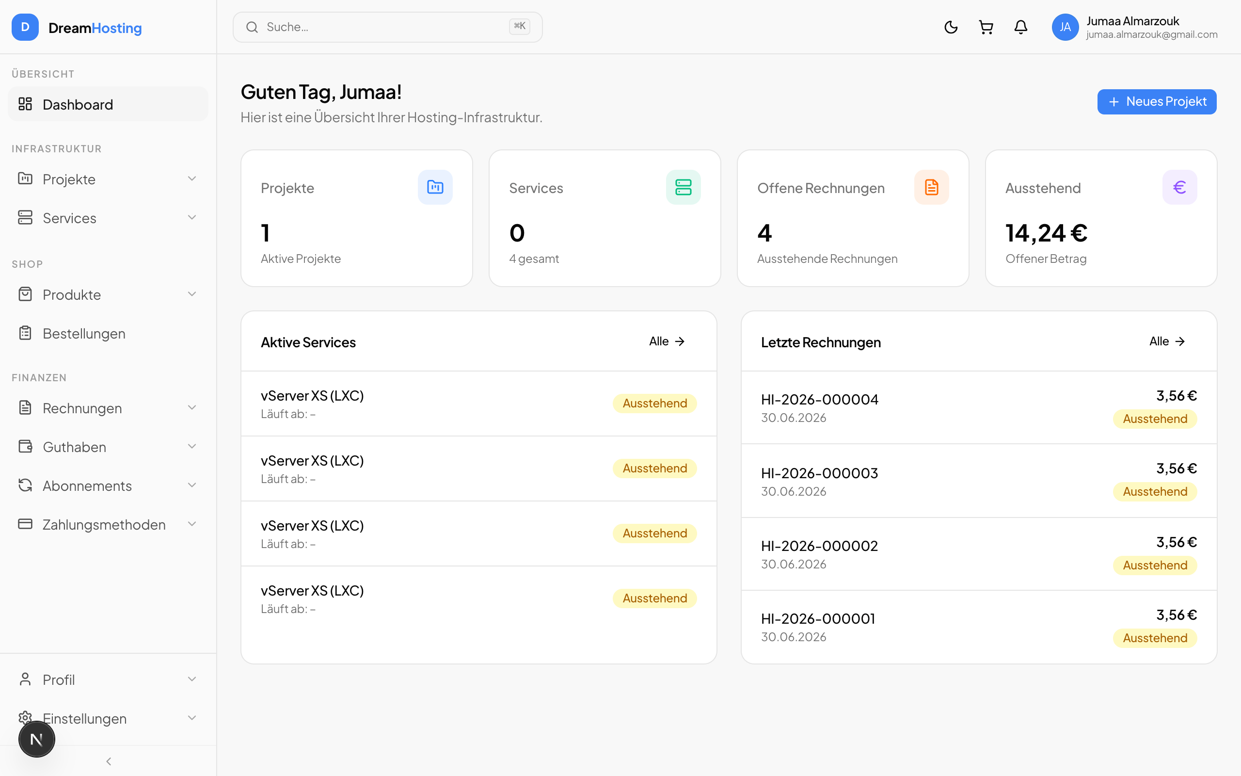 DCM Dashboard — Übersicht mit Projekten, Services und Rechnungen